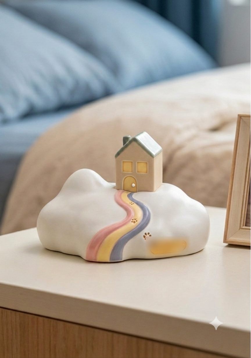 CloudHaven memorial on a bedside table — warm painted windows and doorway, soft matte finish